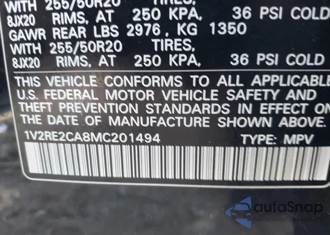 2021 Volkswagen Atlas Cross Sport 3.6L V6 Se W/Technology R-Line z USA, uszkodzony, nr VIN 1V2RE2CA8MC201494